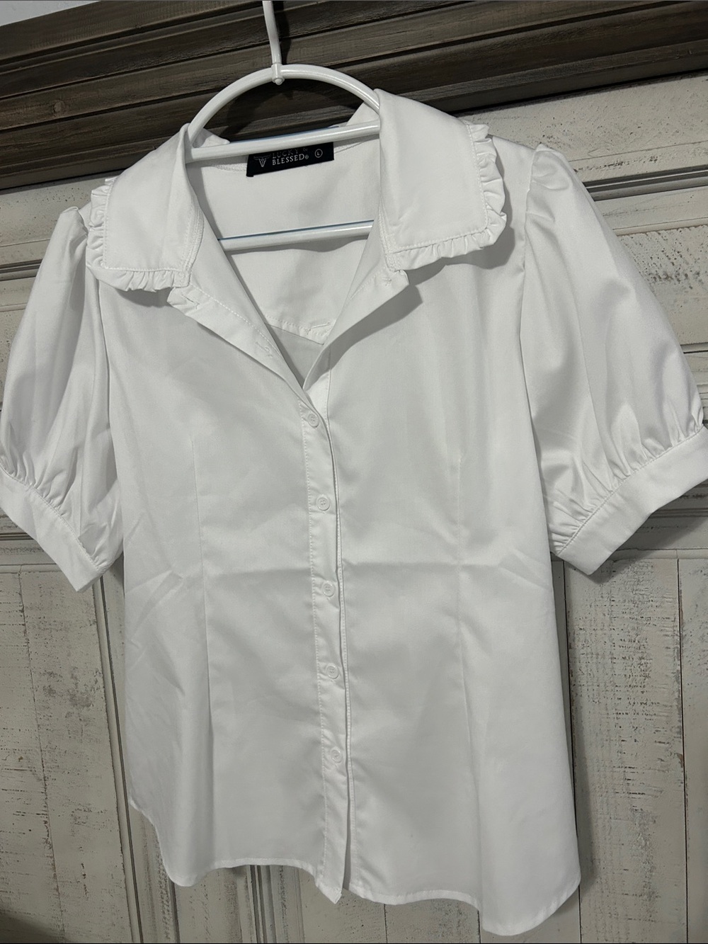 Lucky & Blessed White Ruffle Collar Button-Front Blouse